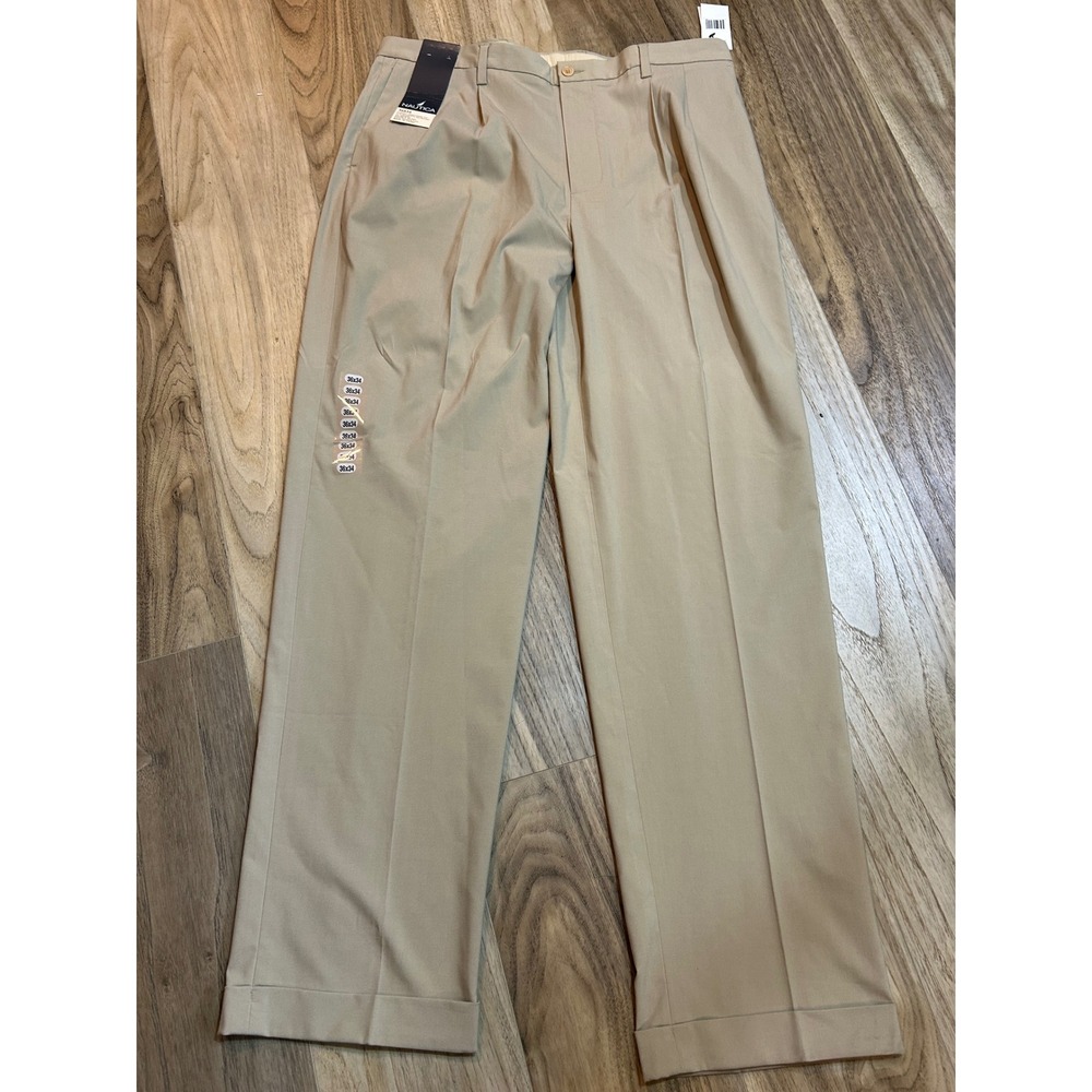 Nautica Rigger Mens 36x34 Khaki Double Pleat Classic Fit Cuffed Dress Pants NEW